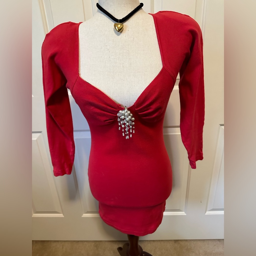 Red Sweetheart Long sleeve Bodycon Mini dress | size: small